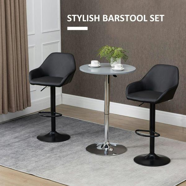 Set of 2 black upholstered bar stools with backs, armrests, and round footrests