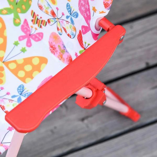Kids chair armrest and butterfly-pattern fabric back, with red folding frame