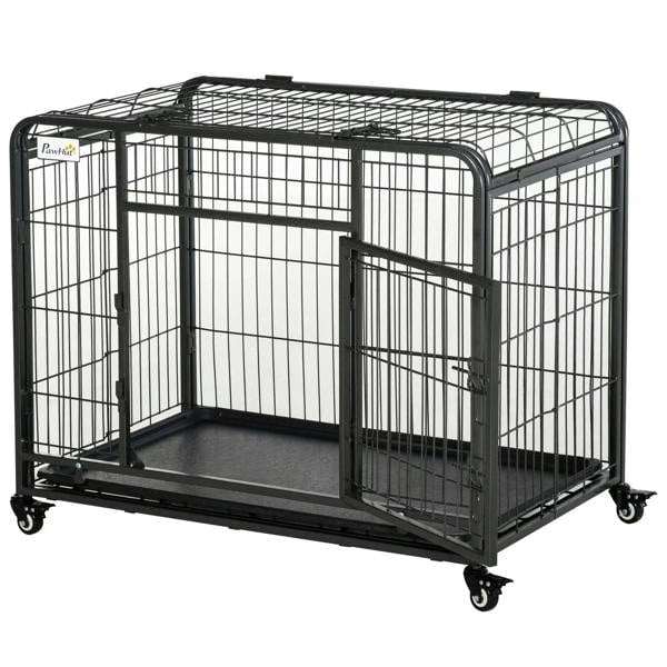 Dark grey metal dog kennel with front door, side panels, and rolling wheels