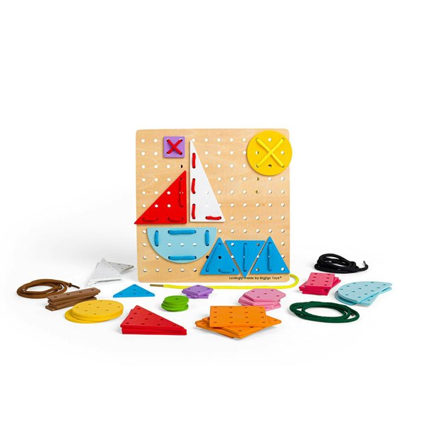 Bigjigs Toys Wooden Geometric Lace-A-Shape Game - Includes 44 Lacing Cards & 6 Laces