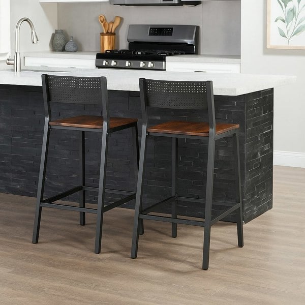 Modcraft Set of 2 Industrial Bar Stools Rustic Brown & Black Breakfast Kitchen Counter Chairs