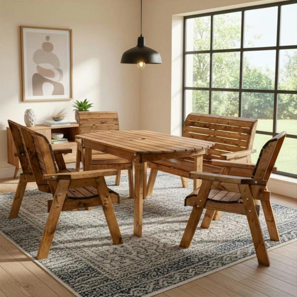 Samuel Alexander Handmade 6 Seater Rustic Wooden Indoor Dining Table, Bench & Chair Set