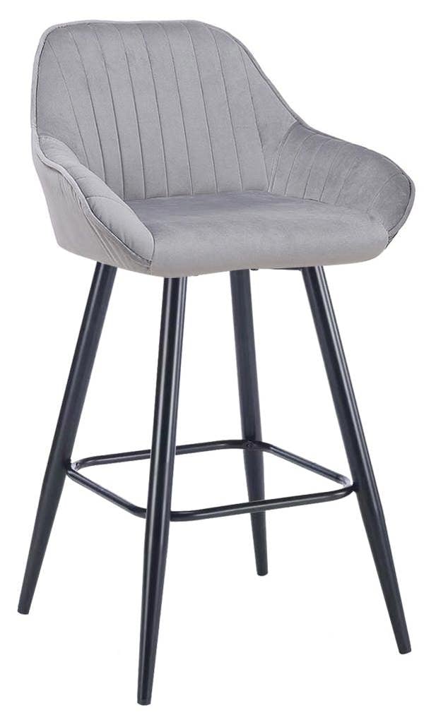 Lamboro Velluto Velvet Kitchen Bar Stool, Powder-Coated Black Fixed Legs With Footrest, Velvet Padded Seat, Backrest & Armrest, Grey