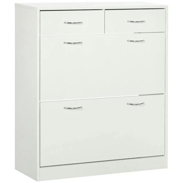 White narrow shoe cabinet with 2 flip drawers and adjustable shelves, front view