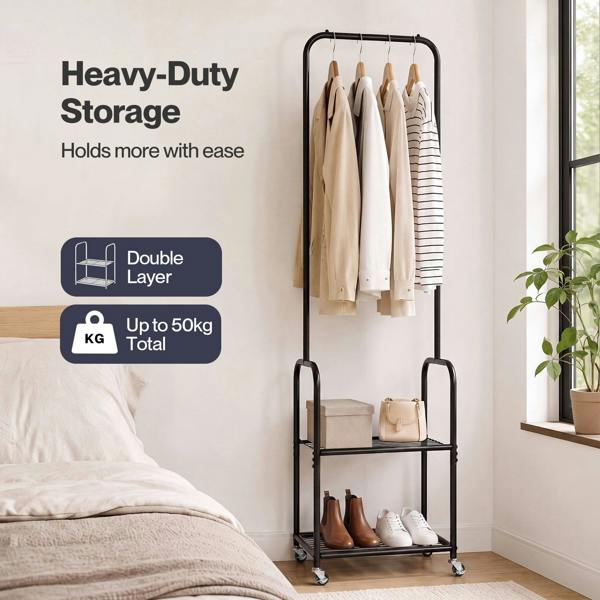 Levede Clothes Rack Heavy Duty Garment Rack 2 Shelf Locking Wheels Bedroom Black