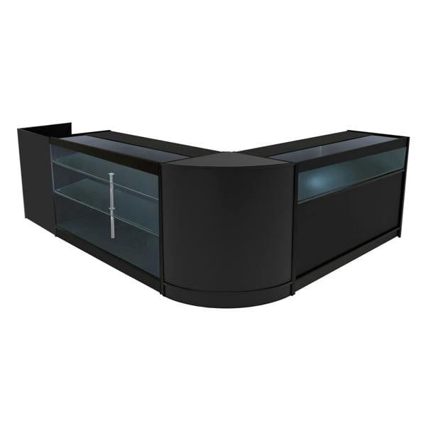 Polaris LED Shop Counter Set in black features sleek glass displays, rounded edges, and modern design for retail spaces