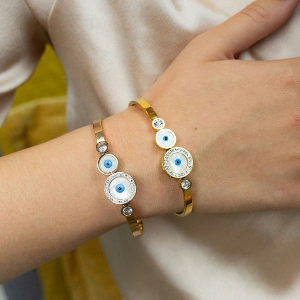 The Colourful Aura Evil Eye Round Brass White Enamel Gold Zircon Armlet Bangle