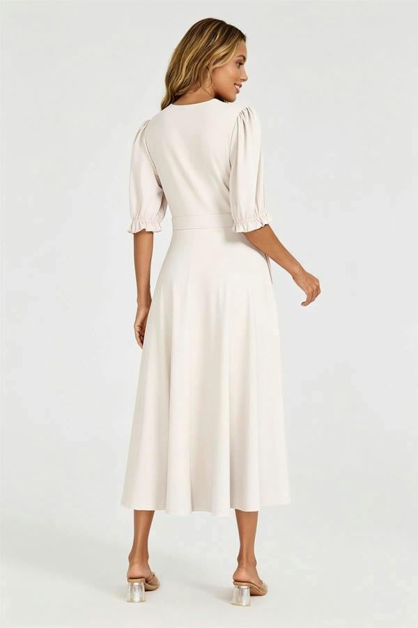 FS Collection Half Sleeves Jersey Midi Dress with Wrap Neckline In Light Oat