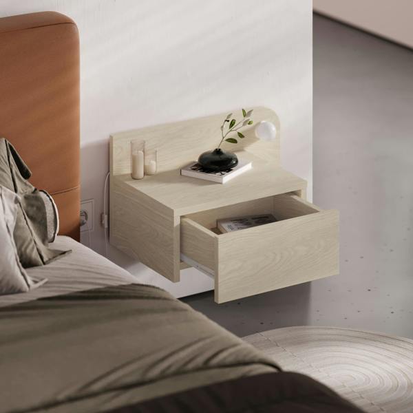 Decortie Floating Bedside Table with Drawer, LED Light in 3-Tones 33.5cm Wall-mount Bedroom Storage Unit