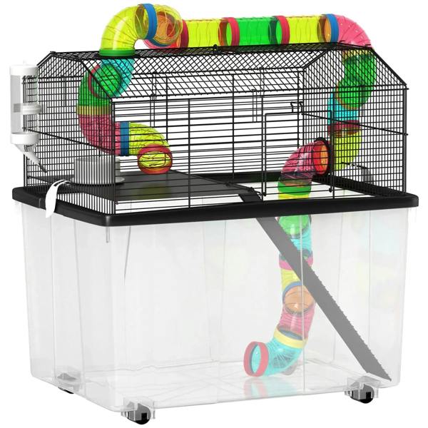 Two-tier hamster cage with black base tray, wire mesh enclosure, colorful tubes and ramp