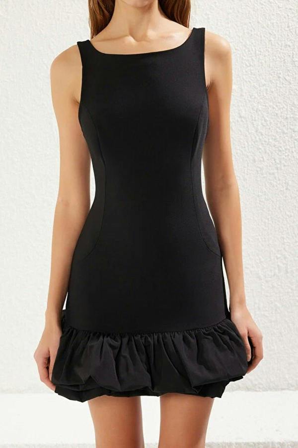 WOVCOR Balloon Skirt Detailed Woven Short Dress with Under Shorts Lining
