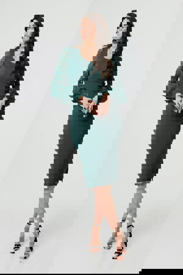 Sage | Long Sheer Sleeve Bodycon Knit Dress
