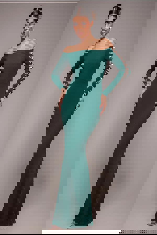 Embellished Diamante Sleeve Bardot Maxi Dress - Emerald Green DR4424