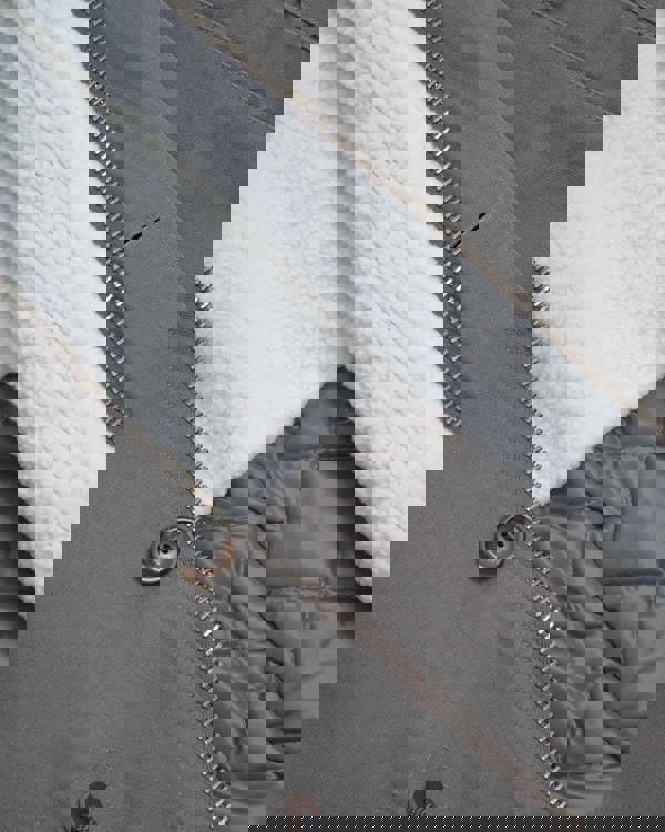 Lambretta Mens/Womens Carnaby Scooter Hooded Classic Mod Ska Badge Parka, close-up of the jacket's grey exterior, zipper, and button details with white fleece lining inside.