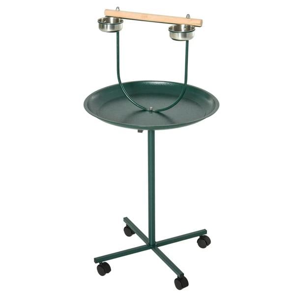 Green bird perch stand with round tray, two stainless bowls, and four rolling wheels