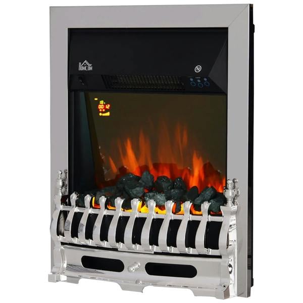 Silver electric fireplace insert with glass front, LED flame effect and coal-style fuel