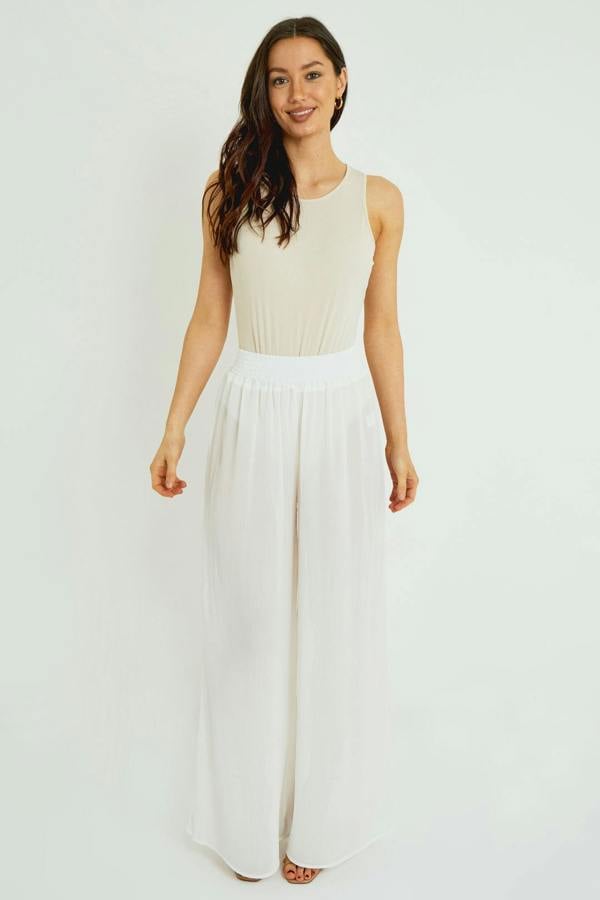 Elaina Fashion Chiffon Wide Leg Beach Trousers – White