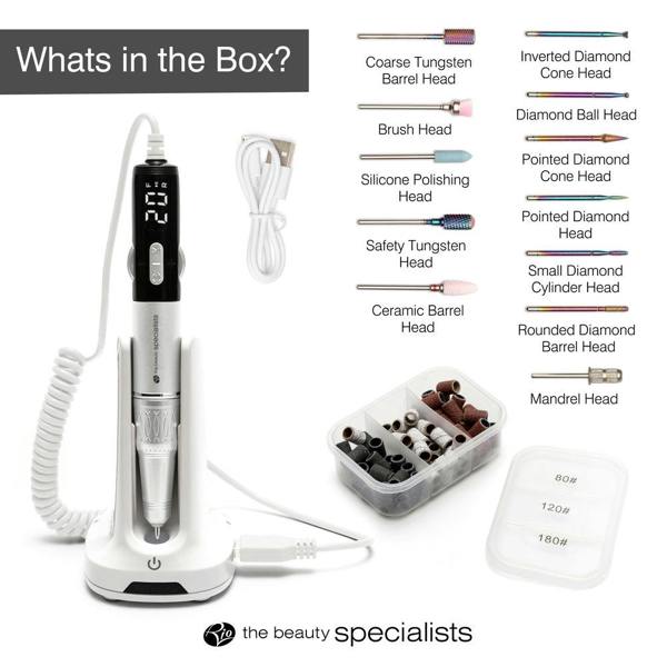 The Rio Salon Pro Electric Nail File & Drill kit includes a nail drill pen with display, charging stand, USB cable, sanding bands, bits storage case, and assorted drill heads—everything you need for salon-quality nail care.