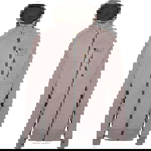 JCB Zip Thru Mens Trade Work Sweat Shirt Full Zip Hoodie, front view of a grey hooded sweatshirt with a zippered front, chest pocket, and black accents.