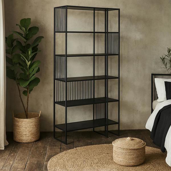 Wyld Haus Porto Tall Modern Organic Black Metal Shelving Unit Stone Effect Shelves