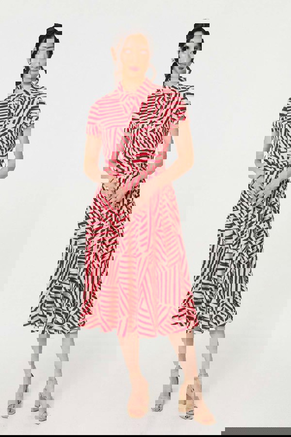 Red | Striped Tie Waist Midi Shirt Dress
