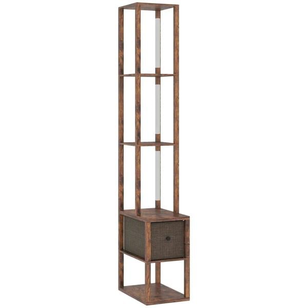 Rustic brown floor lamp with open shelves and fabric drawer, vertical wooden frame