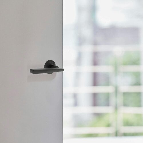 EDH Door Hardware Matt Black Modern Lever on Round Rose Door Handles – Handle Only or Handle + Tubular Latch