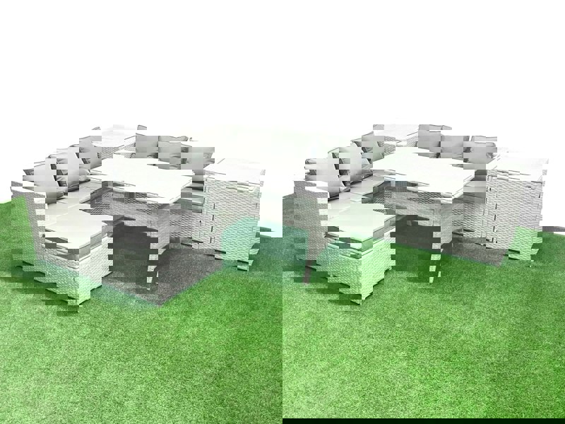 Fimous Rattan Garden Furniture Set 7 Seater Outdoor Sofa Set with Dining Table 2 Side Tables Big Footstool Light Grey Mixed