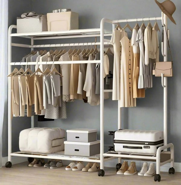 Modcraft Heavy Duty Metal Clothes Rail Rack with Double Hanging Rods, Storage Shelves & Wheels – White