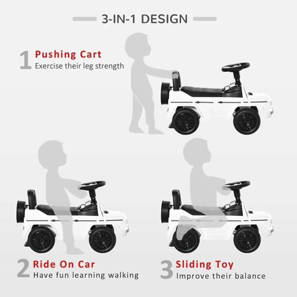 White 3-in-1 kids ride-on car showing push and sliding modes, black seat