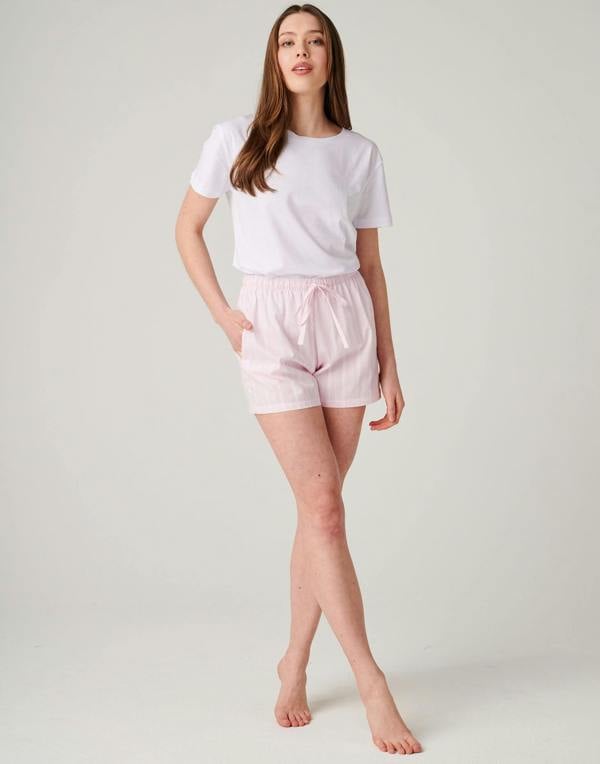 British Boxers Women's Crisp Cotton Sleep Shorts – Shell Pink Satin Stripe