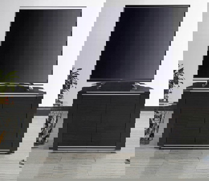 MDA Designs Sirius 850 Remote Friendly BeamThru Glass Door Gloss Black with Silver Trims Cabinet up to 40" LCD/Plasma/LED TV Stand