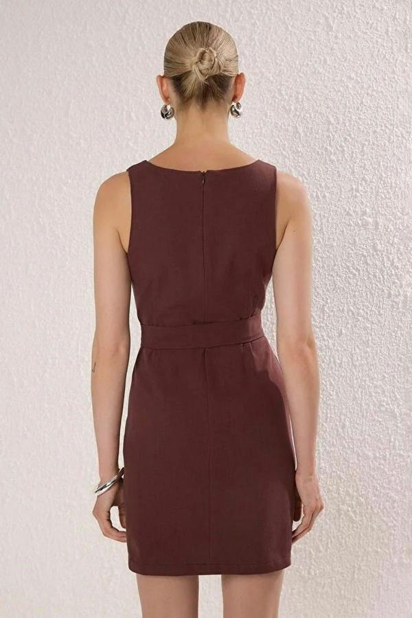 Belted Linen Blend Square Neck Sleeveless Mini Dress