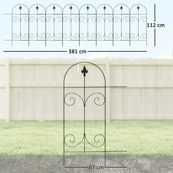 Black metal picket fence panel with arched frame and two curled scroll motifs
