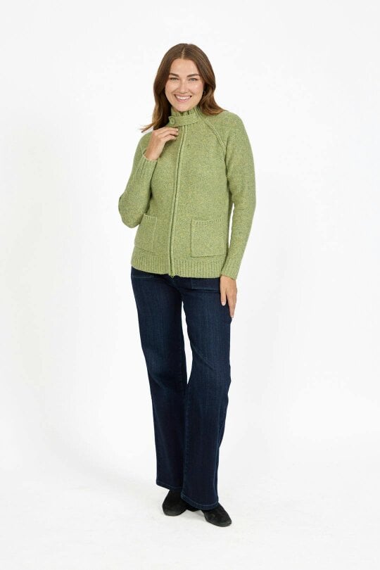Mudflower Button Tab Collar Zip-Up Knit Cardigan with Pockets