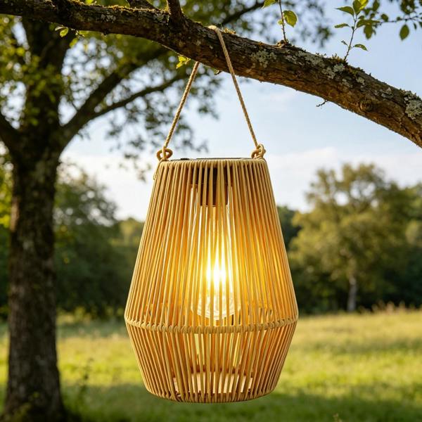 Gr8 Garden Set of 2 Solar Hanging Rattan Lanterns LED Garden Patio Lights Natural IP44 Outdoor Lamps