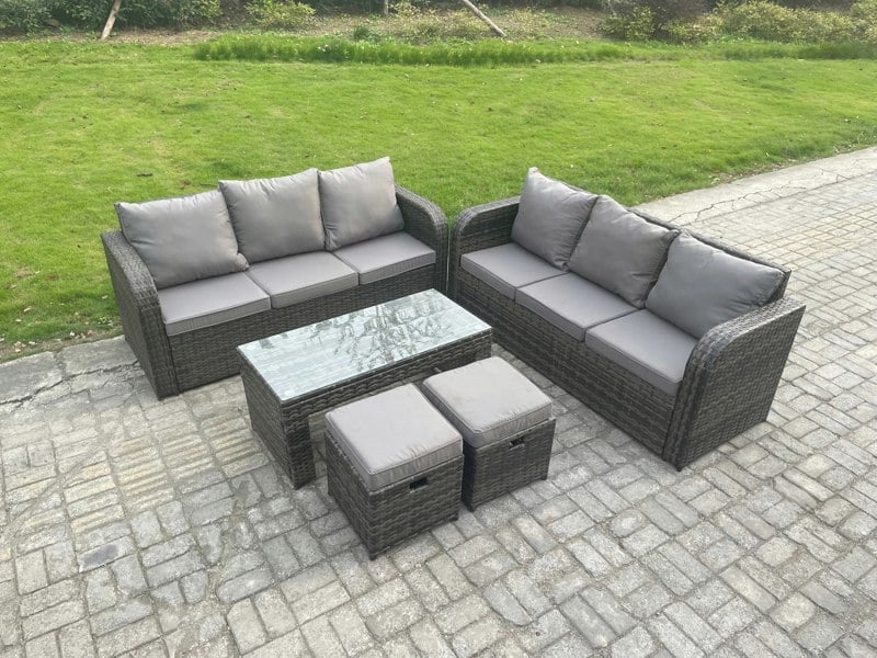Fimous 8 Seater Patio Garden Furniture Sets Wicker Outdoor Rattan Furniture Sofa Sets with Rectangular Coffee Table 2 Small Footstools