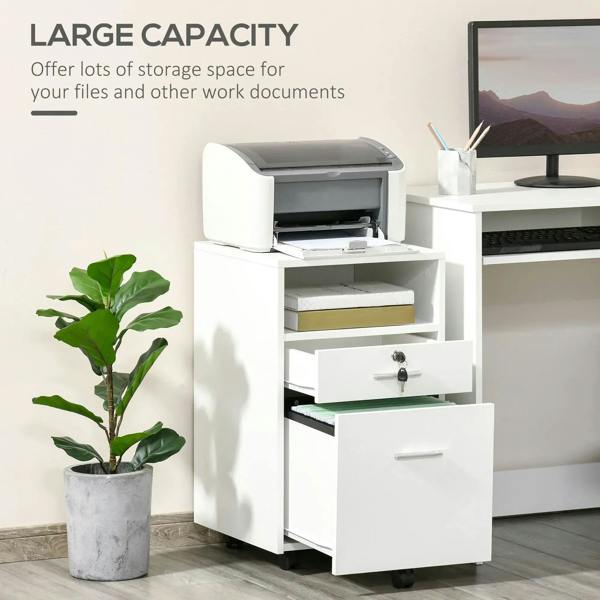 White lockable filing cabinet with open top tray and two drawers on wheels