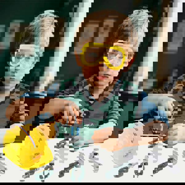 deAO Construction Role Play Costume Set - Builder Vest, Safety Helmet, Toy Tools & Accessories for Kids