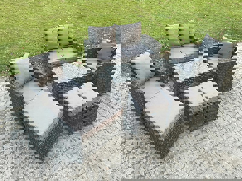Fimous 7 Seater Outdoor Rattan Garden Furniture Set Patio Lounge Sofa Set with Coffee Table 3 Footstools Dark Grey Mixed