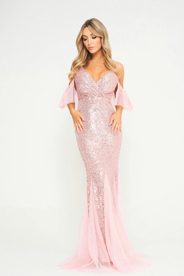 LuvForever Pink Flutter Sleeve Sequin Maxi Dress