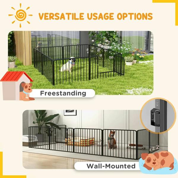 Black dog playpen shown freestanding and wall-mounted with latch area