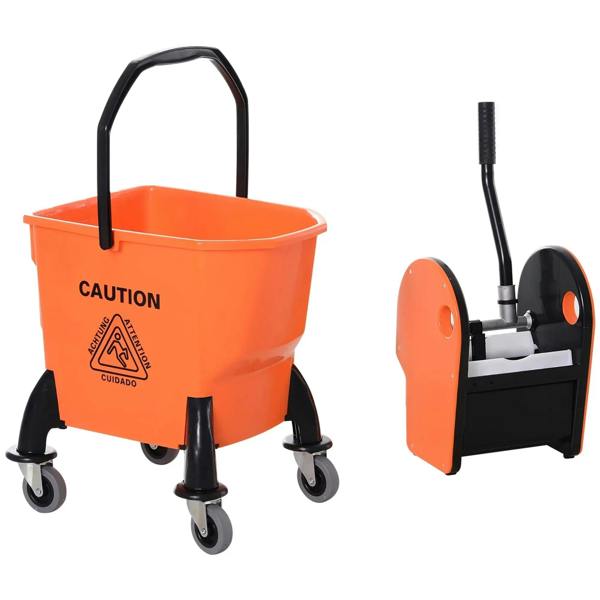 Orange mop bucket with wringer and caster wheels, front view with handle