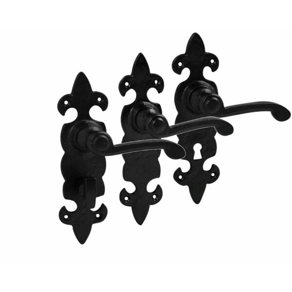 EDH Door Hardware Black Cast Iron Fleur-de-Lys Door Handles – Lever Latch, Bathroom Lock & 3 Lever Lock Sets