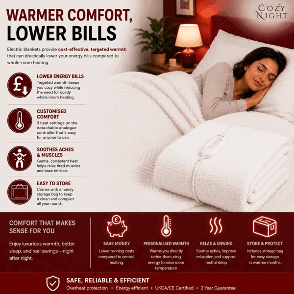 Cozy Night Single Size Electric Blanket Heated with 3 Heat Settings - Quick Fit Underblanket - Fleece Material Machine Washable
