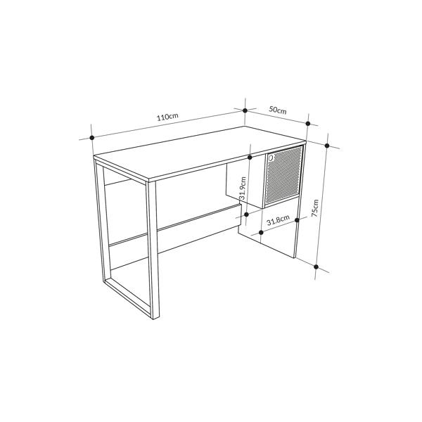 Decortie Model-4 110(W)cm Computer Desk Oak, Black Wood Workstation PC Work Table Office Gaming Desk Shelf with Black Metal Leg