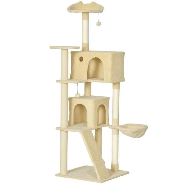 Beige cat tree tower with plush condos, ladder ramp, and sisal scratching posts