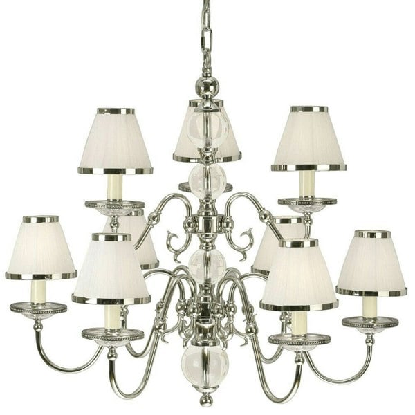 Flemish Ceiling Pendant Chandelier Polished Nickel & White Shades 5 Lamp Light Loops