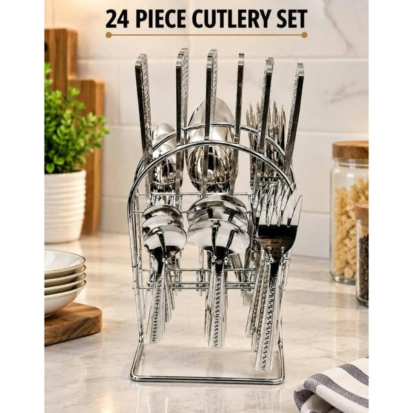 Dyzi 24 Piece Stainless Steel Cutlery Set with Storage Stand Silver