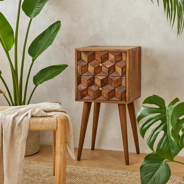 Wyld Haus Olbia Mini Chestnut Mango Wood Cube Pattern 2 Drawer Bedside Table
